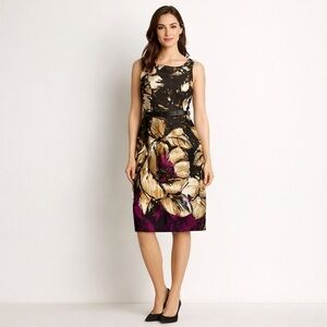 Evan Picone Black Tan Magenta Floral Belted Sheath Dress 6 Modern Classic Career